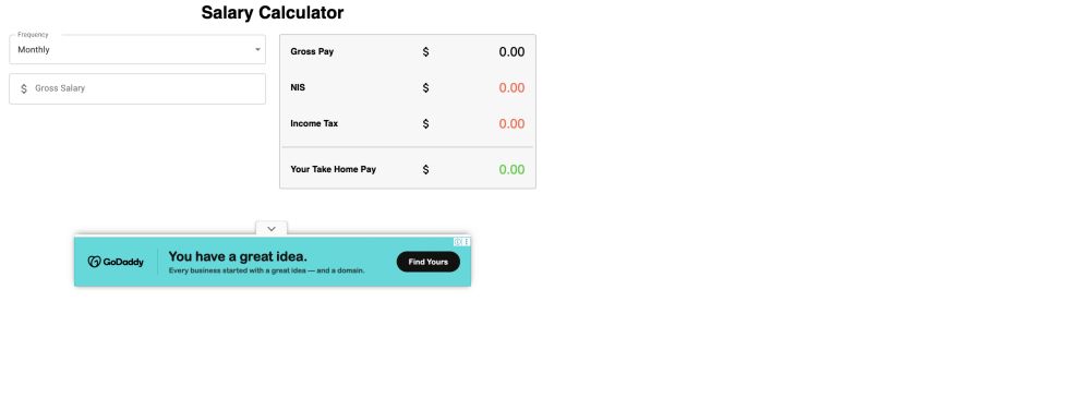 Actual Bajan Salary Calculator interface with pay frequency, gross salary, NIS, income tax, and take-home pay
