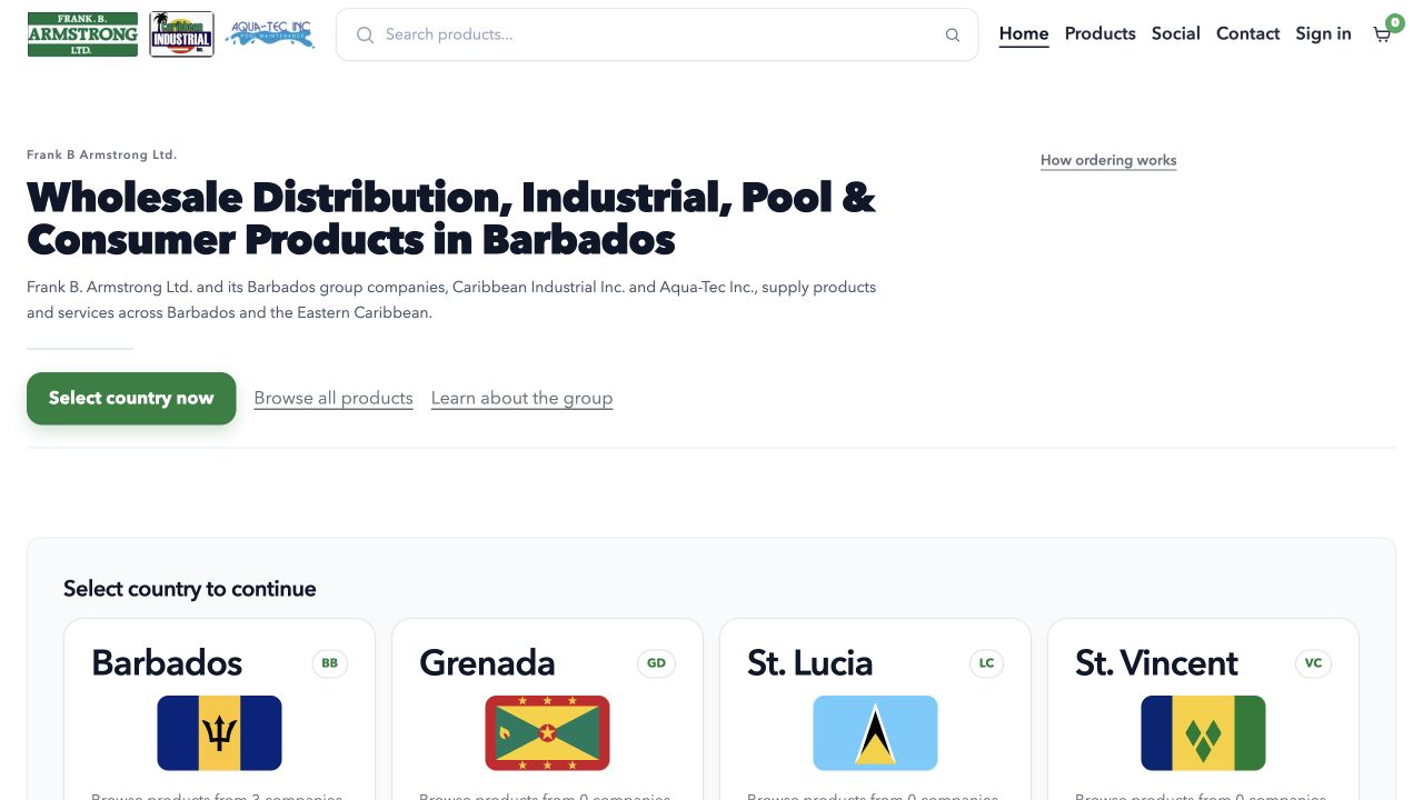 Actual Frank B Armstrong website showing its group logos, product discovery, and Caribbean country selection